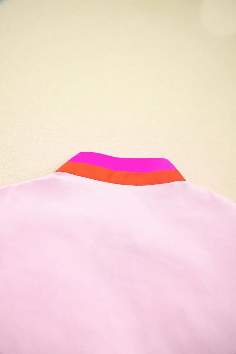 Pink Contrast Striped V Neck Puff Sleeve Blouse - Love Salve